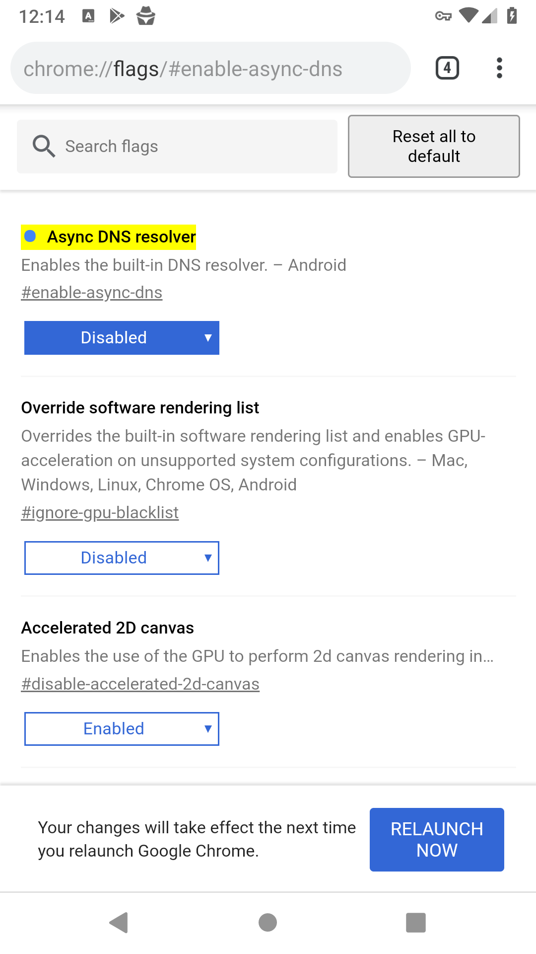 Disable Android Async DNS on Chrome